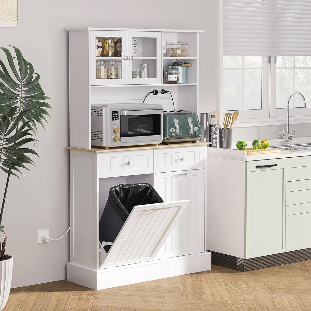 Pantry Storage Cabinet with Charging Station, 2 Tilt Out Trash Cabinets and M...