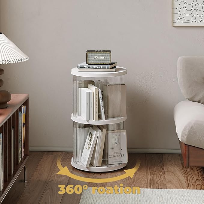 2 Tier Rotating Bookshelf Spinning Bookshelf Tower Swivel Bookcase Round Book Shelf for Small Space Revolving Bookcase for Playroom Bedroom Living Room