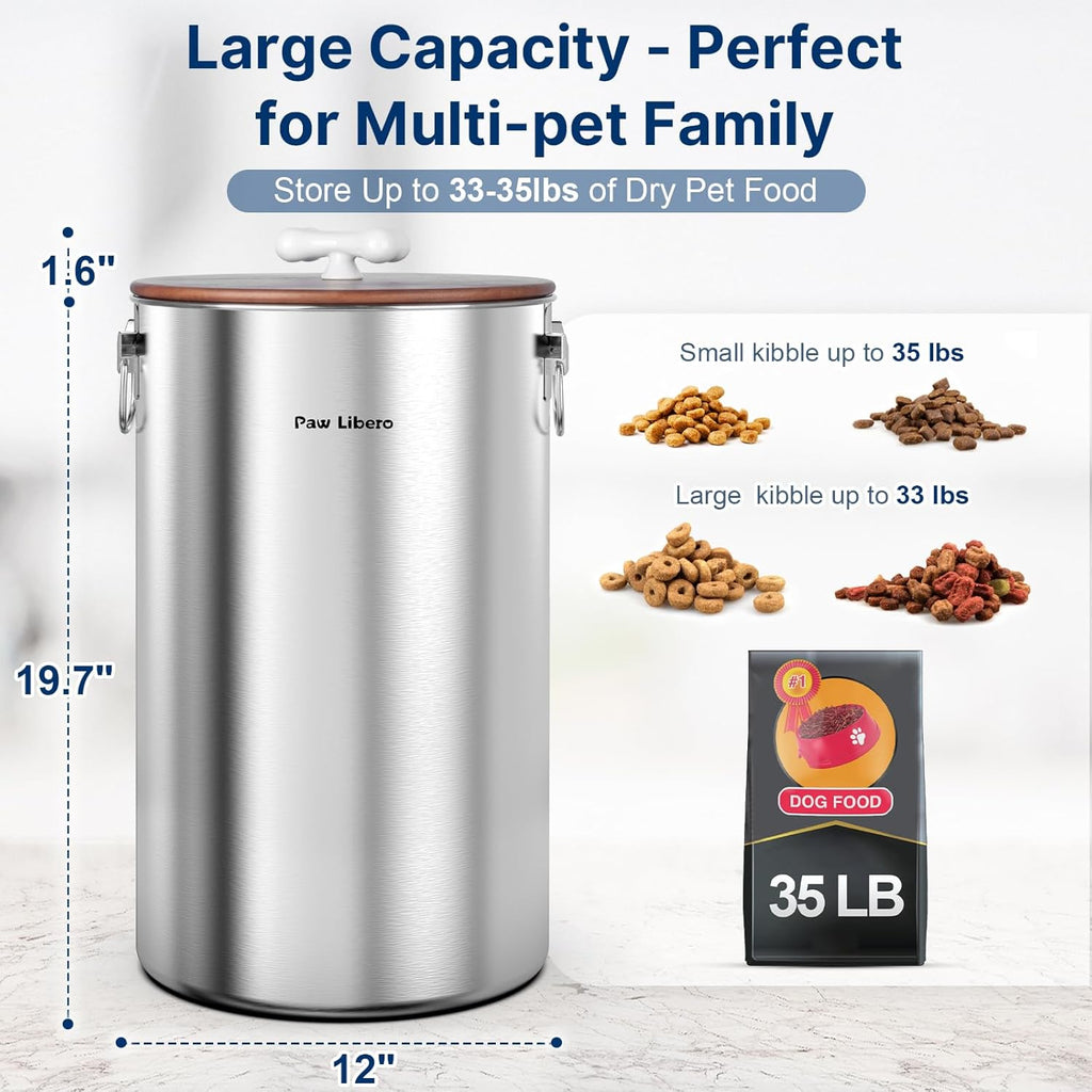 35 Lbs Stainless Steel Dog Food Storage Container with Airtight Wooden Lid & Ceramic Bone Handle, Large Metal Dog Food Bin, Pet Treat Jars for Dogs & Cats, Keep Fresh, Easy to Clean
