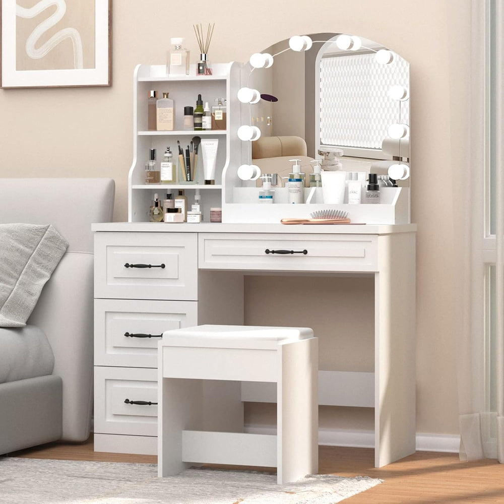 Vabches Vanity Desk with Mirror and Lights,Makeup Vanity Set for Bedroom | Wh...