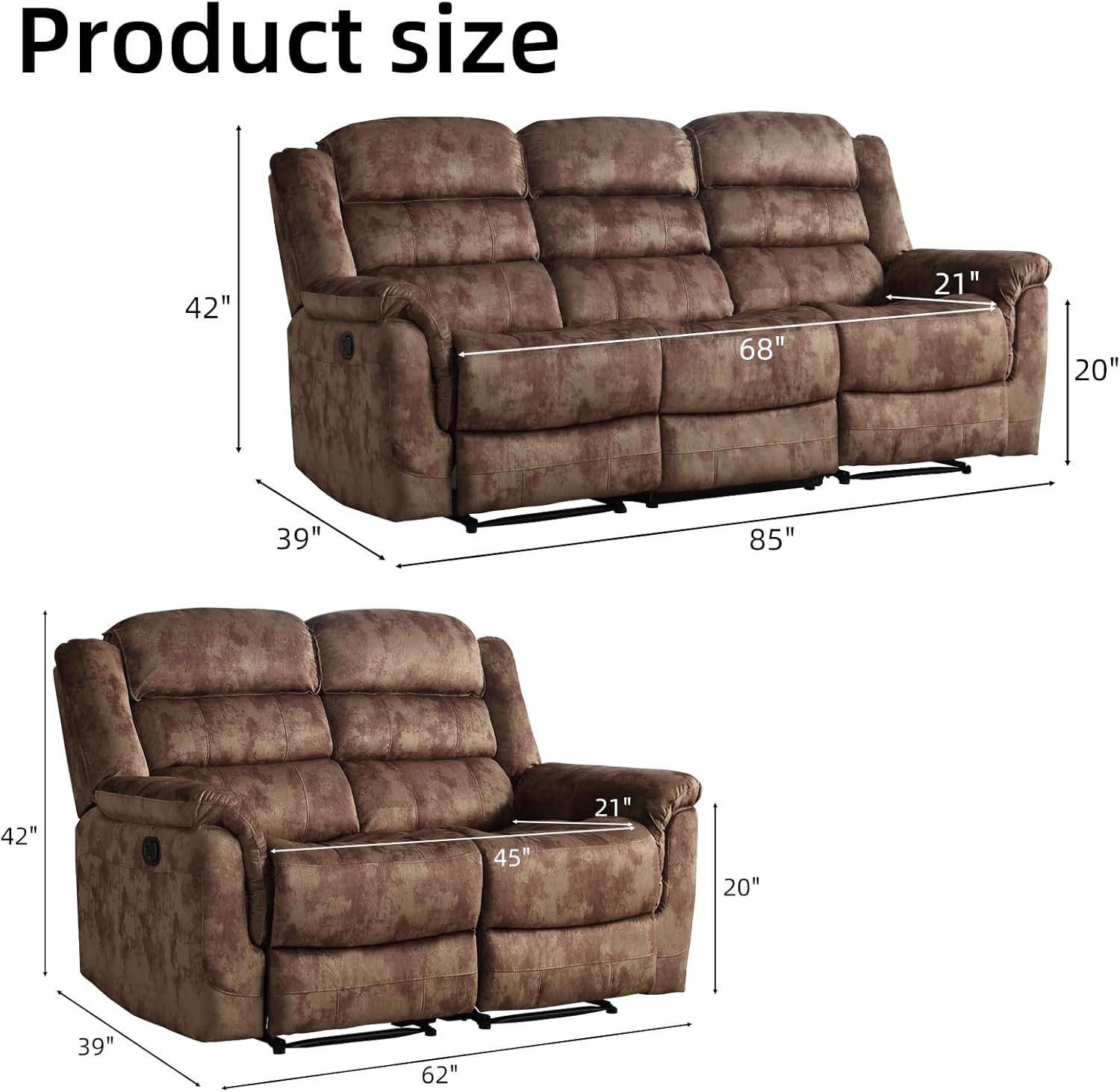 2 Pieces Reclining Couch Furniture Set, Overstuffed Reclining Loveseat Couch and Wide 3PC Bonded Recliner Sofa Set for Living Room, Brown