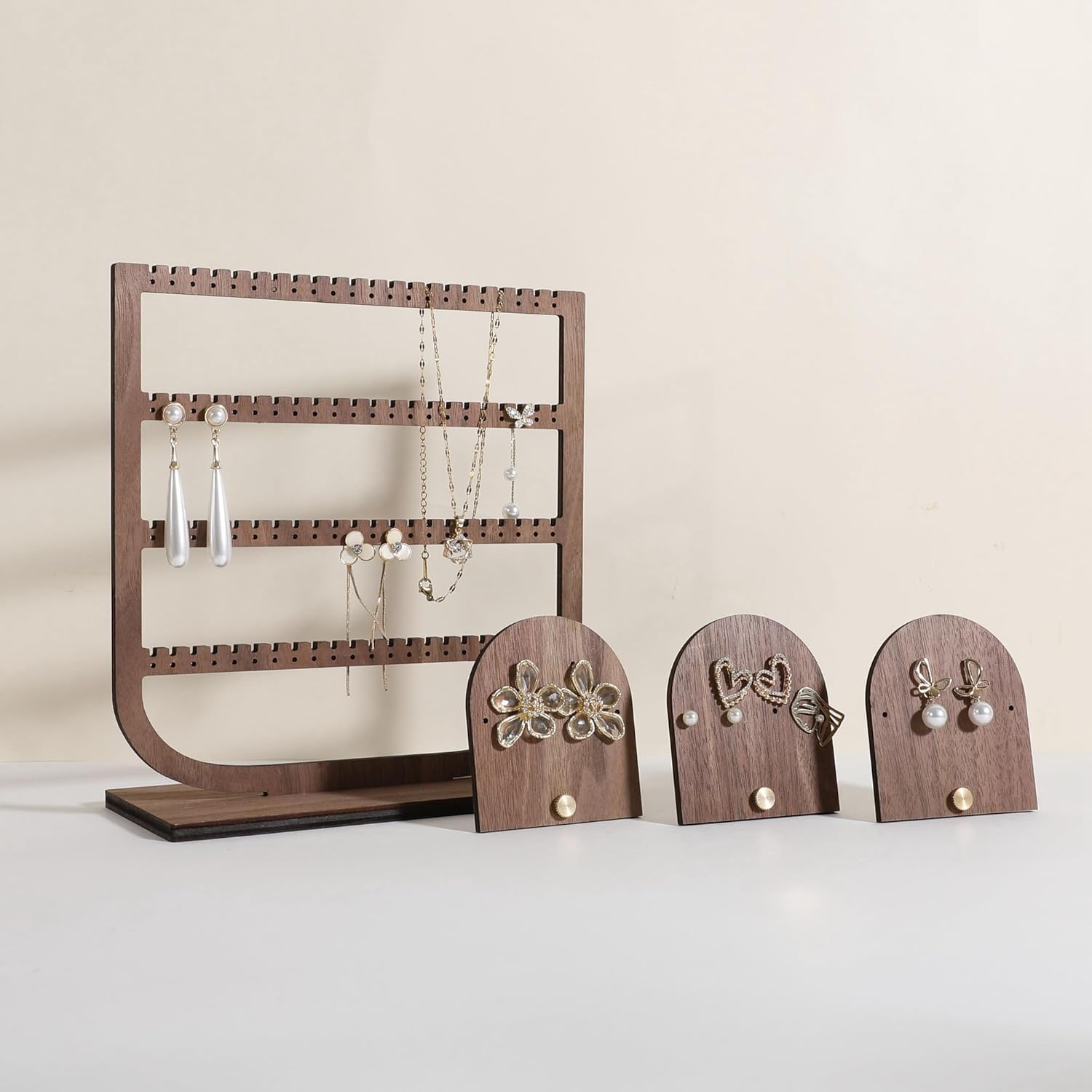 GemeShou 3pcs wooden jewelry earring organizer holder, walnut earring studs stand for boutique store, cute earring display for selling with 6 holes on each【Earring stand-Arch-3pcs】