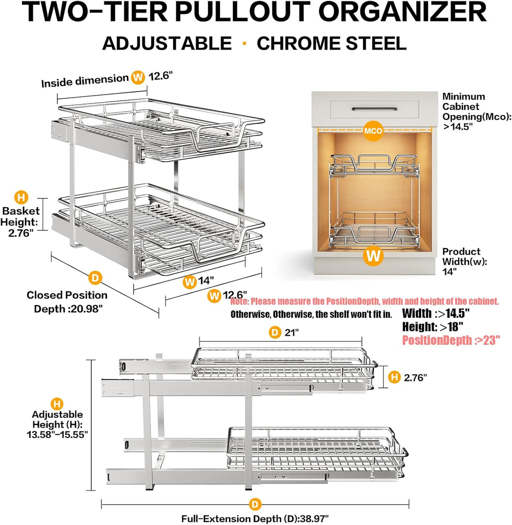 2-Tier Kitchen Cabinet Pull Out Shelf and Drawer Organizer Slide Out Pantry Storaqe Basket in Multiple Sizes (14" W x 21" D)