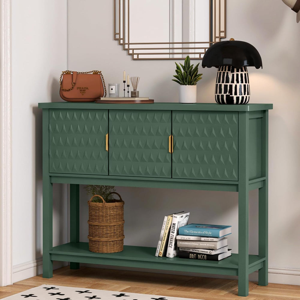 42” Modern Console Table with 3 Diamond Doors & Shelf for Entryway, Green...