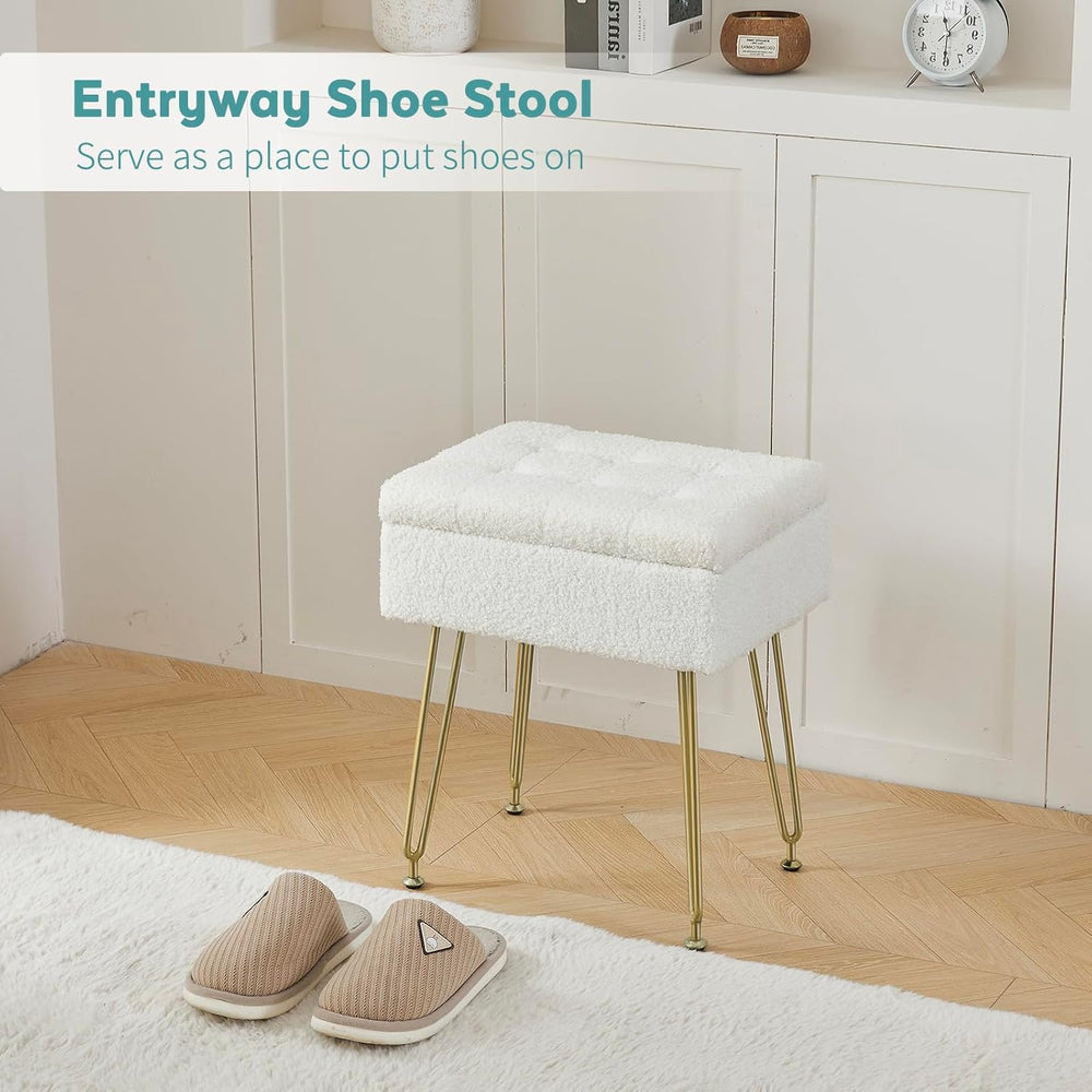 BRIAN & DANY Vanity Stool, Sherpa Vanity Stool Chair with Storage, Rectan...