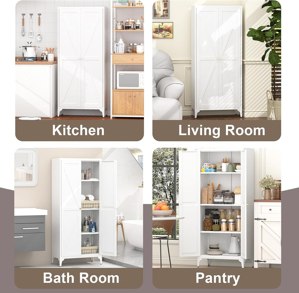 Metal Adjustable 2-Door Pantry Cabinet with 180LB Capacity Shelves – Durable Storage Organizer for Kitchen, Living Room, Dining Room and Office (White)