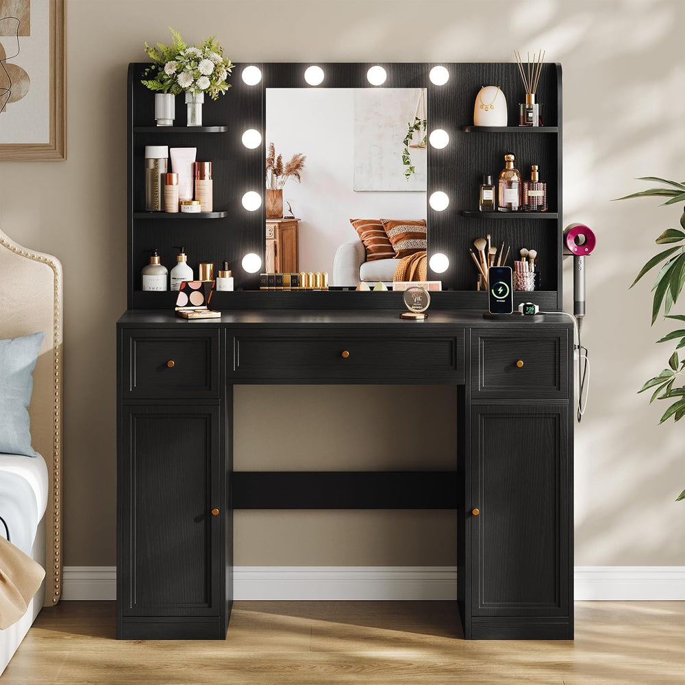 Large Makeup Vanity Desk with Mirror and Lights & Charging Station, Black...