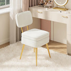MALOL Velvet Makeup Vanity Chair with Storage and Back, Cute No Wheels Vanity Stool Ottoman with Golden Metal Legs for Bedroom Dressing Closet, Beige