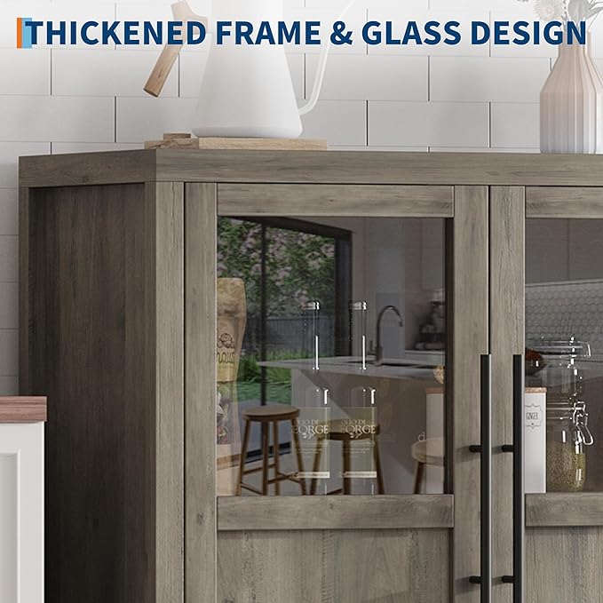 GarveeHome Sideboard Buffet Cabinet with 4 Glass Doors, 55" Buffet Table Coffee Bar Wine Bar Display Cabinet for Kitchen Dining Room, Living Room (Grey, Glass with 4 Doors)