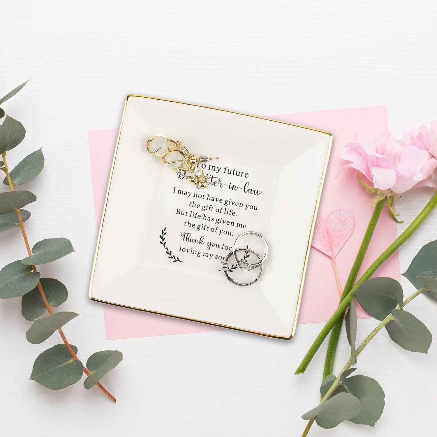 To My Future Daughter in Law Gifts, Daughter in Law Ceramic Ring Dish, Daughter in law Wedding Present from Mother In Law, Bonus Daughters Jewelry Holder for Birthday, Wedding, & Special Occasion