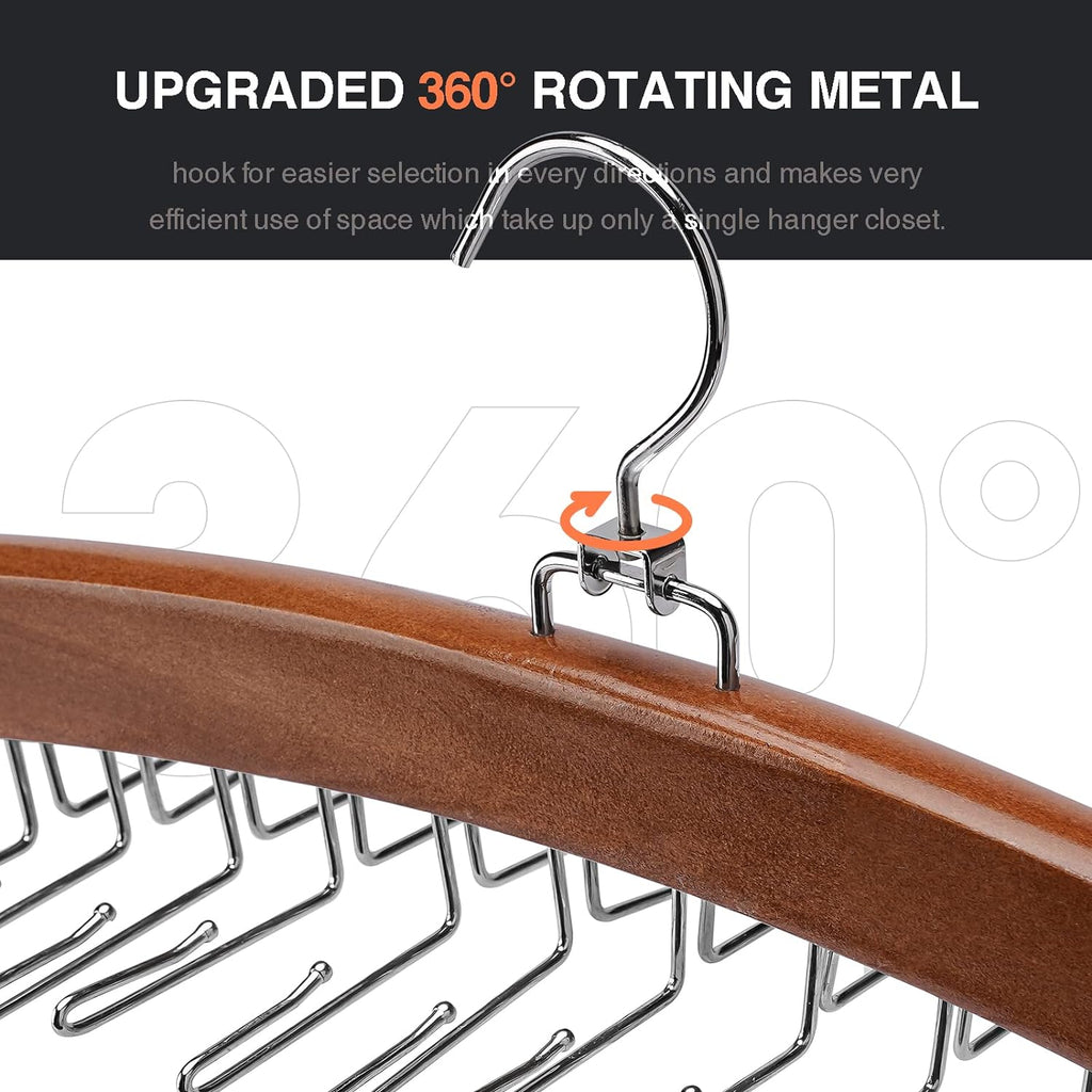 Tie Rack Tie Hanger 24 Hooks Wooden, Tank Top Hanger,Belt Organizer for Closet,with Upgraded 360°Rotating, Belts Scarves Accessories for Bras,Tank Tops,Camisoles…