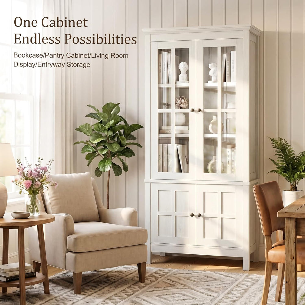 63" Kitchen Pantry Cabinet with Glass Doors & Hidden Storage, Farmho...