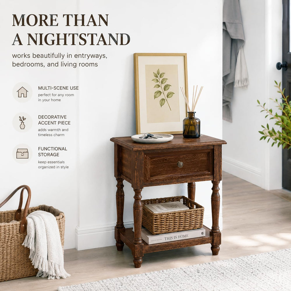 YUNMUARY-Solid Wood Nightstand,Entryway Table with Storage,Side Tables with D...