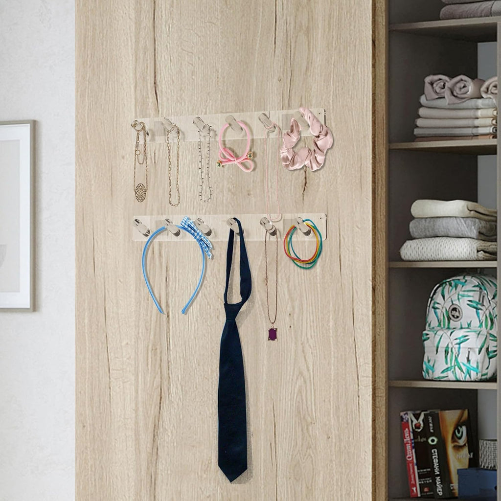 MaxGear Clear Necklace Holder 2-Pack, Wall Jewelry Organizer with 12 Hooks | Acrylic Tangle-Free Display for Necklace, Bracelet, Bangles, Ring, Perfect for Bathroom, Vanity, Closet Door