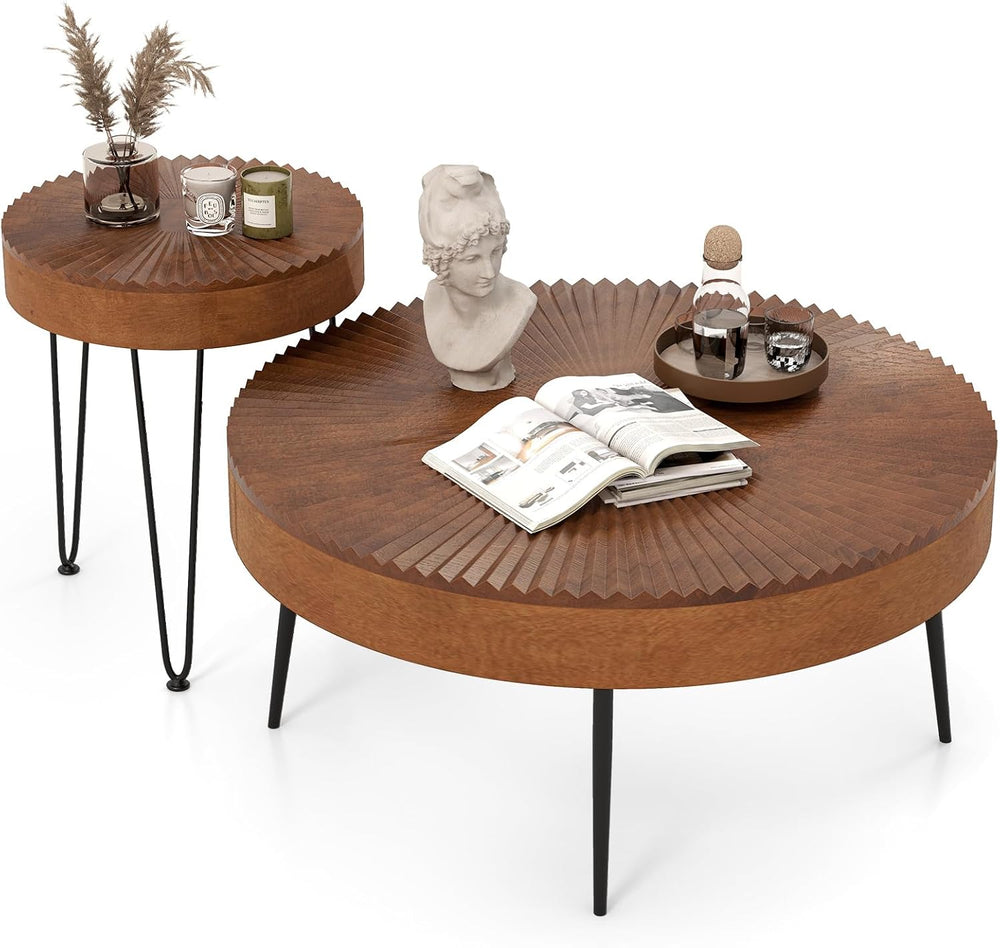 COSTWAY Farmhouse Round Coffee Table Set of 2, Rustic Sofa Side Tea Tables w/...