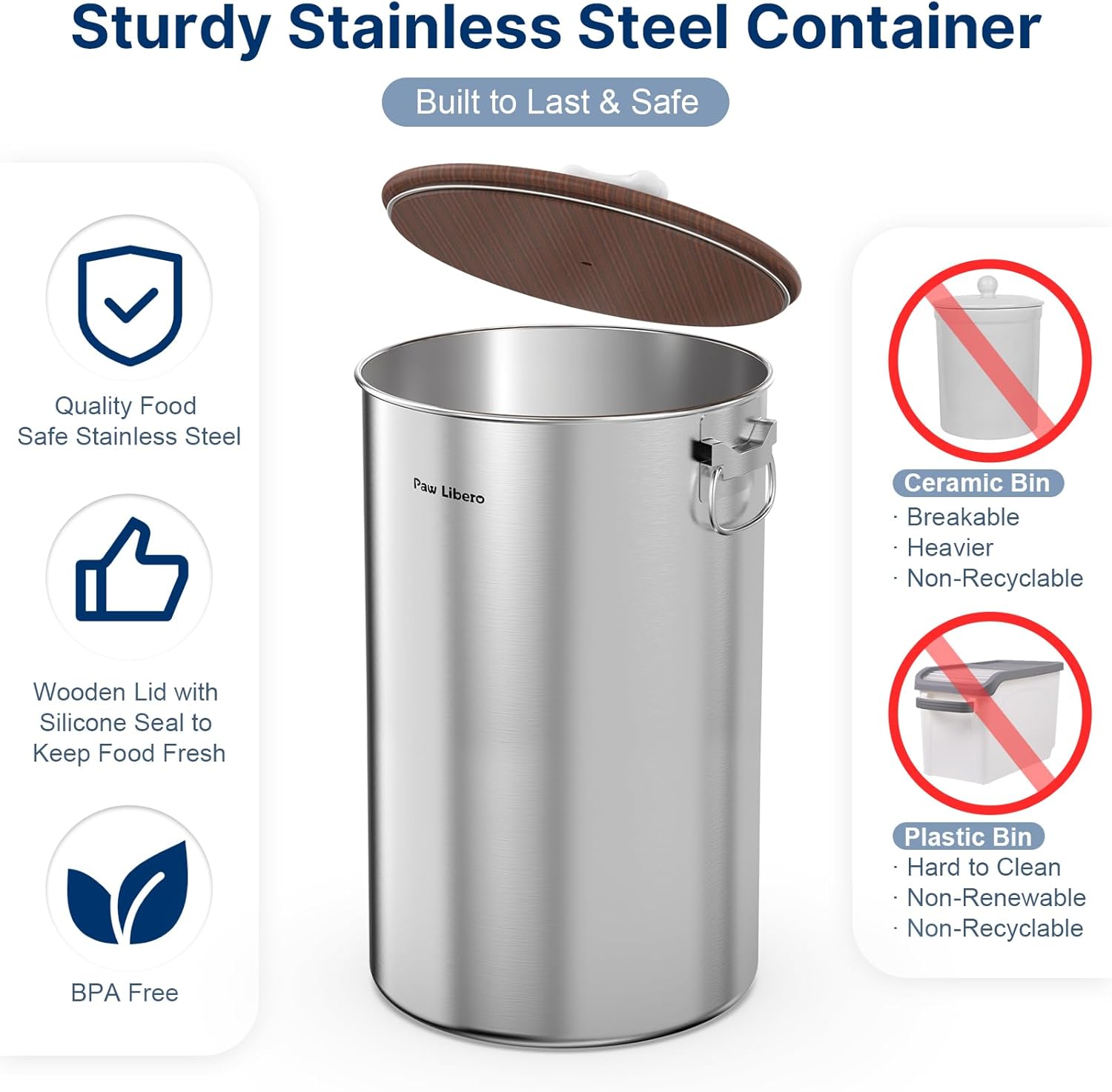 35 Lbs Stainless Steel Dog Food Storage Container with Airtight Wooden Lid & Ceramic Bone Handle, Large Metal Dog Food Bin, Pet Treat Jars for Dogs & Cats, Keep Fresh, Easy to Clean