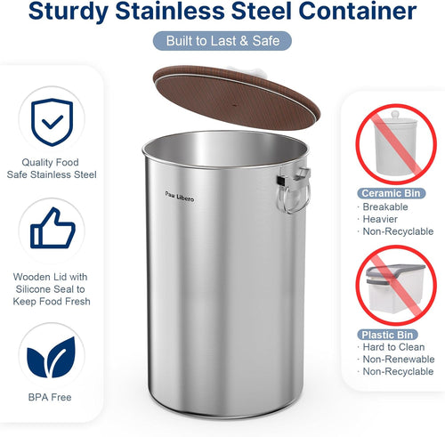 2PK 35 Lbs total 70Lbs Stainless Steel Dog Food Storage Container with Airtight Wooden Lid & Ceramic Bone Handle, Large Metal Dog Food Bin for Dogs & Cats, Keep Fresh, Easy to Clean