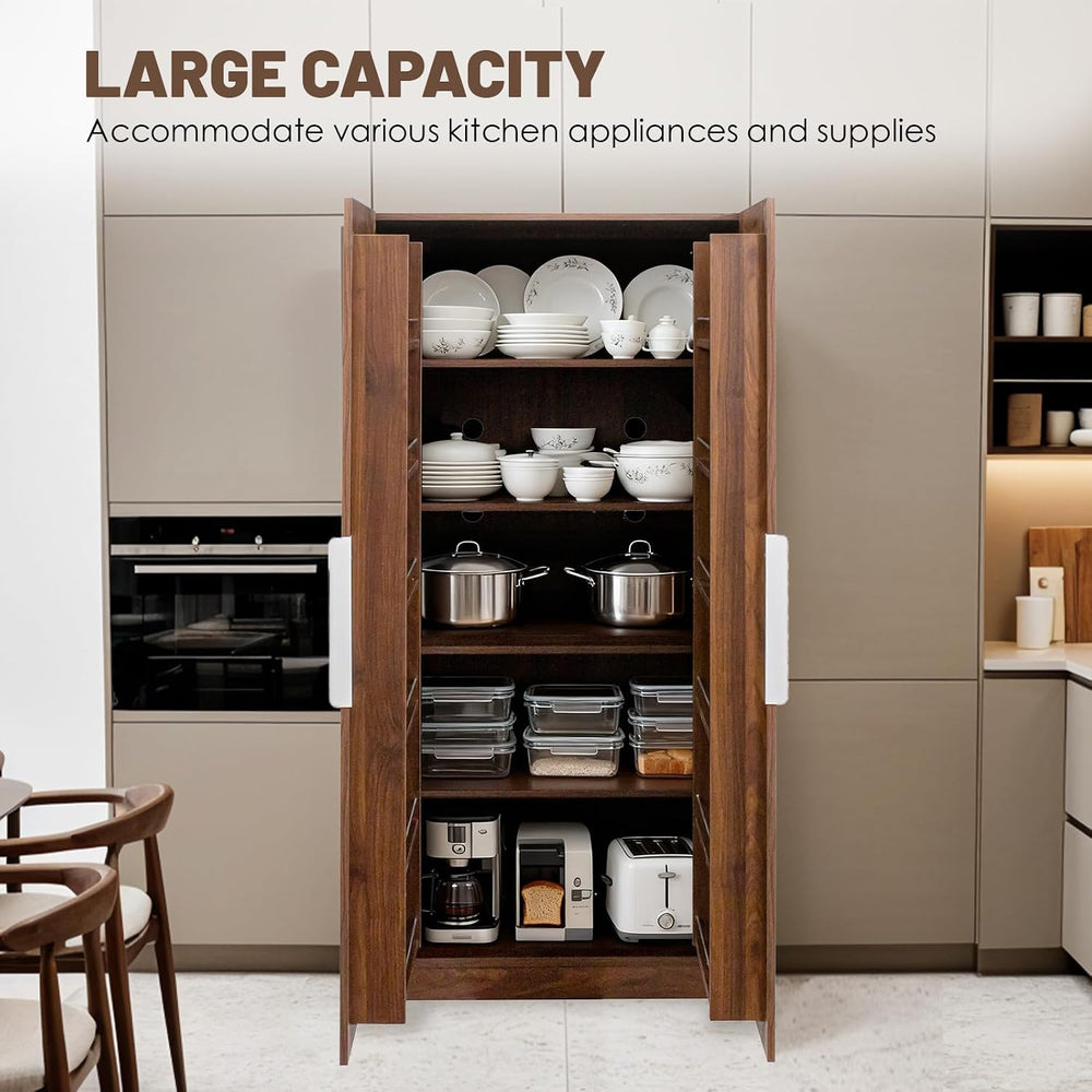 62.99'' Walnut Kitchen Pantry Cabinet Tall Freestanding Pantry Storag...