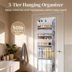 5 Tiers Over Door Organizer with 10 Mesh Side Pockets, 50 lbs Weight Capacity Hanging Storage Organizer with Clear Window Kids Toys, Shoes, Diapers, Light Gray