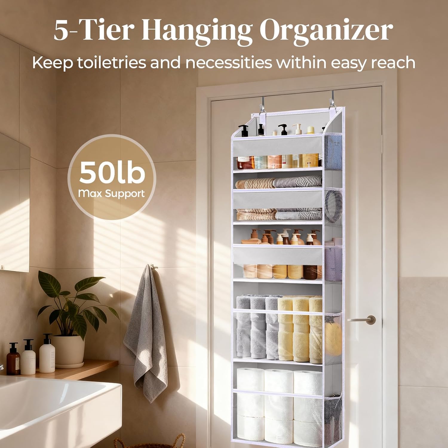 5 Tiers Over Door Organizer with 10 Mesh Side Pockets, 50 lbs Weight Capacity Hanging Storage Organizer with Clear Window Kids Toys, Shoes, Diapers, Light Gray