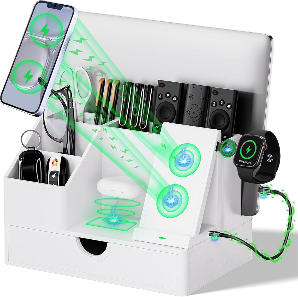 Sleek White PU Leather Charging Station with Drawer - 6-in-1 Multi-Device Desktop Organizer Docking Hub for iPad, Tablet, Laptop, Phone, Watch, Office Home Gift Idea