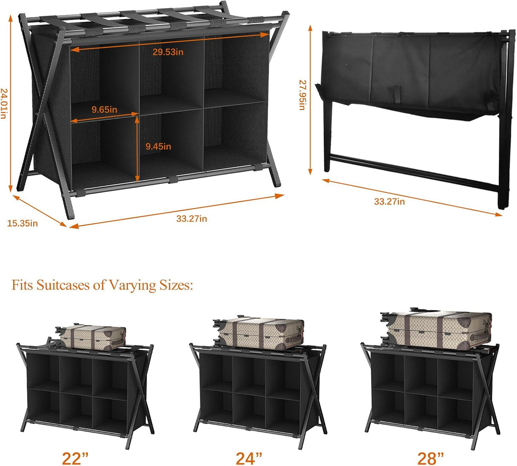 Huhote Luggage Rack for Guest Room, Folding Suitcase Stand with 6-Cube Fabric Storage Shelf, Luggage Holder, Steel Foldable Luggage Stand for Guest Room, Bedroom, Hotel, Black