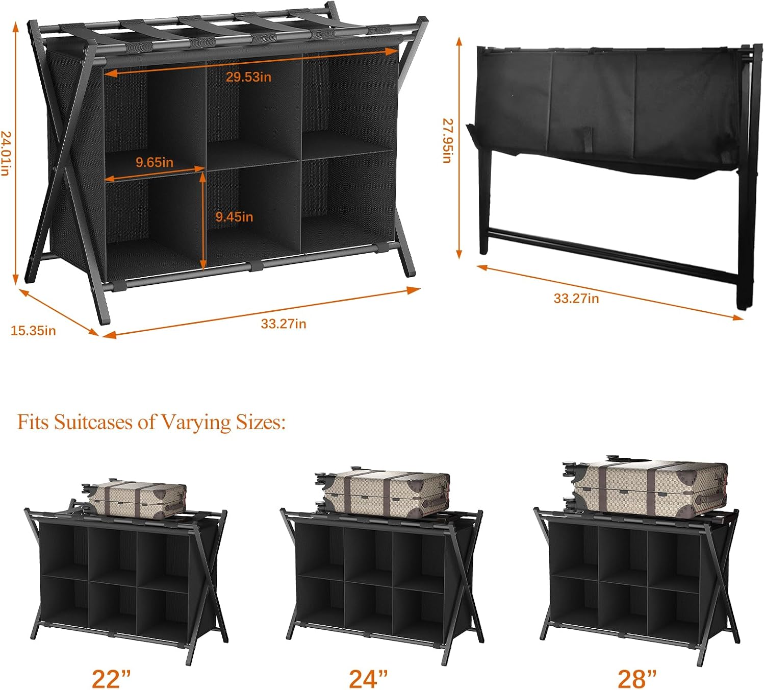 Huhote Luggage Rack for Guest Room, Folding Suitcase Stand with 6-Cube Fabric Storage Shelf, Luggage Holder, Steel Foldable Luggage Stand for Guest Room, Bedroom, Hotel, Black