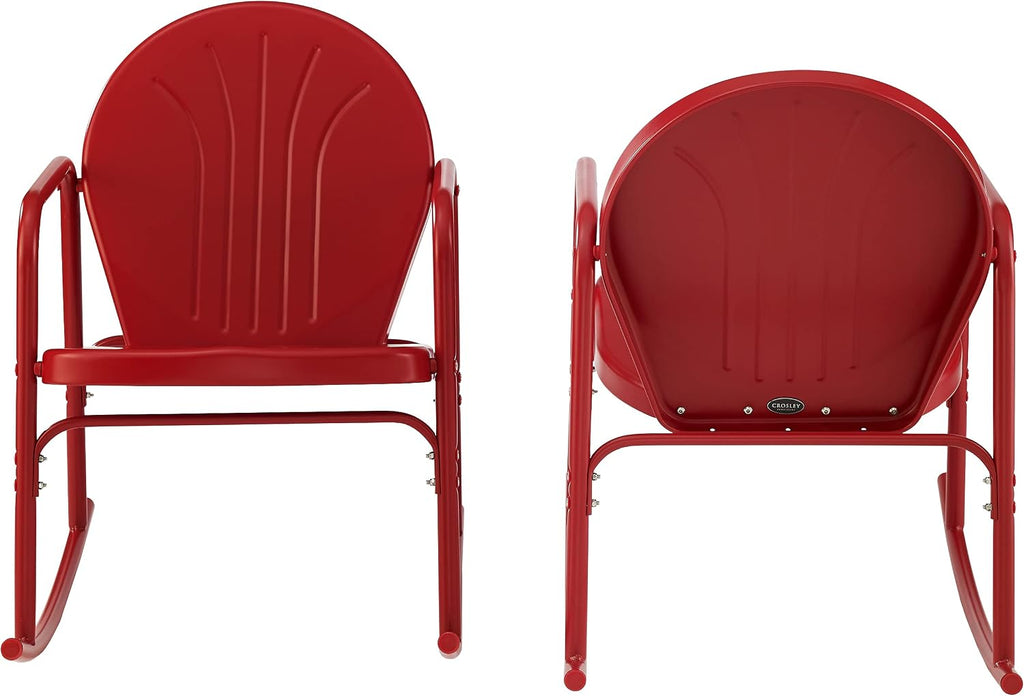 Crosley Furniture Griffith Retro Metal Outdoor Rocking Chairs, Set of 2, for Porch, Deck, Balcony, Backyard, Bright Red Gloss
