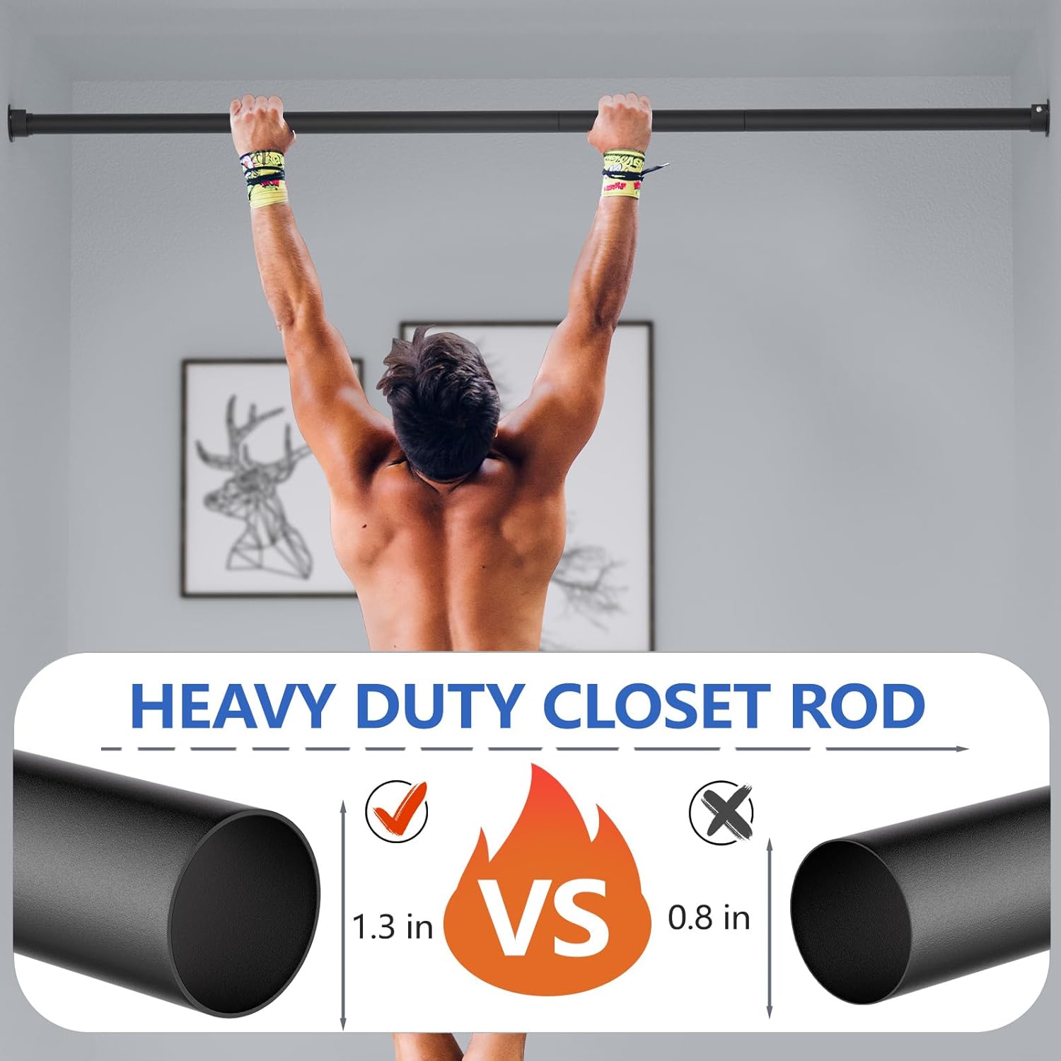 Closet Rods for Hanging Clothes, 17 to 83 Inch Closet Rod, Heavy Duty Adjustable Clothes Hanging Bar Rod Matte Black Closet Poles for Wardrobes, Closet, Bathroom, Windows,1.3 Inch Diameter