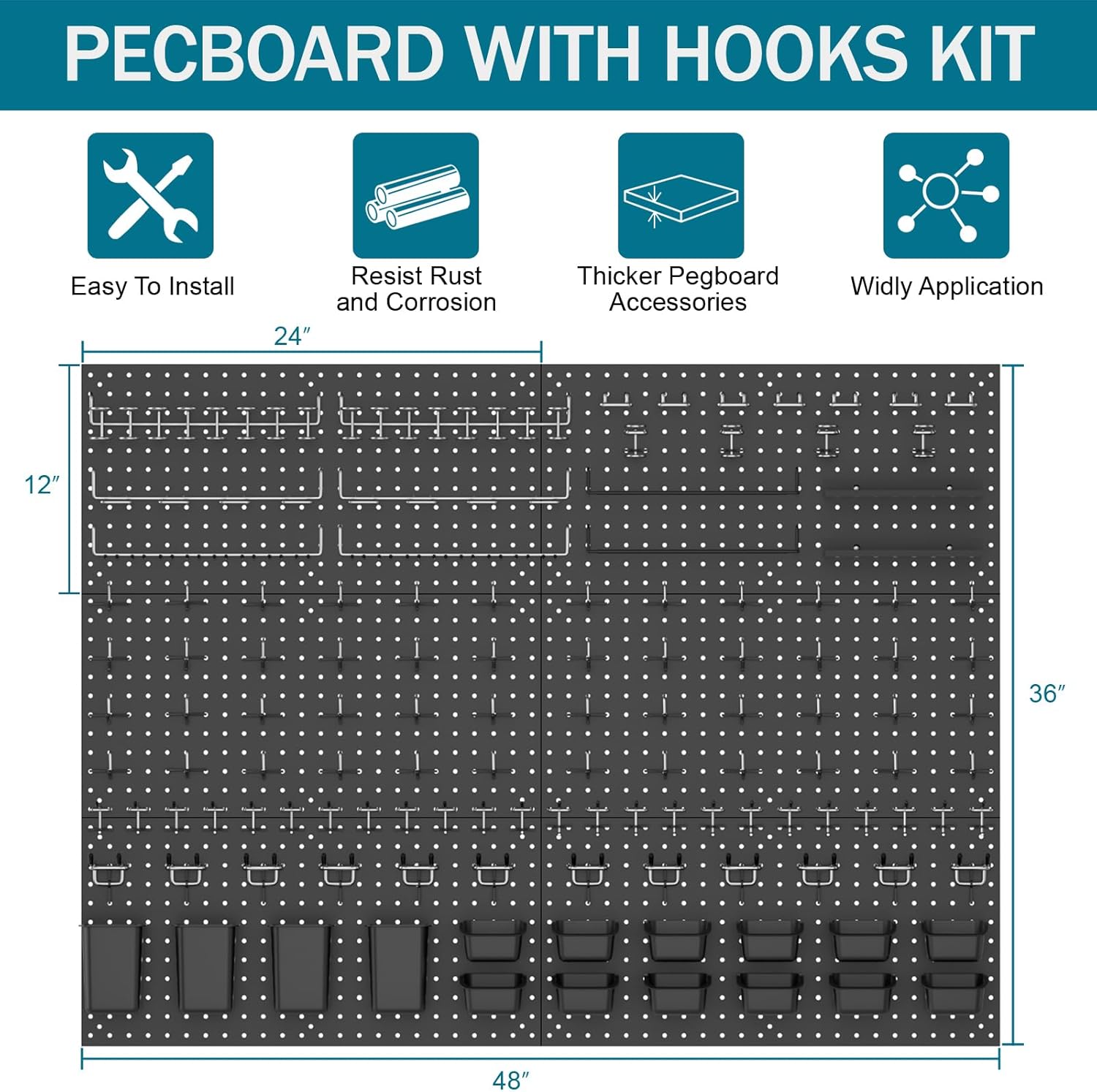 Metal Peg Board Kit with 1/4" Pegboard Accessories, 6 Pack 12"X24" Pegboard and 264PCS Extra Thick Pegboard Accessories,Wall Organizer Peg Board Panels Tool Organizer Storage System (Black)