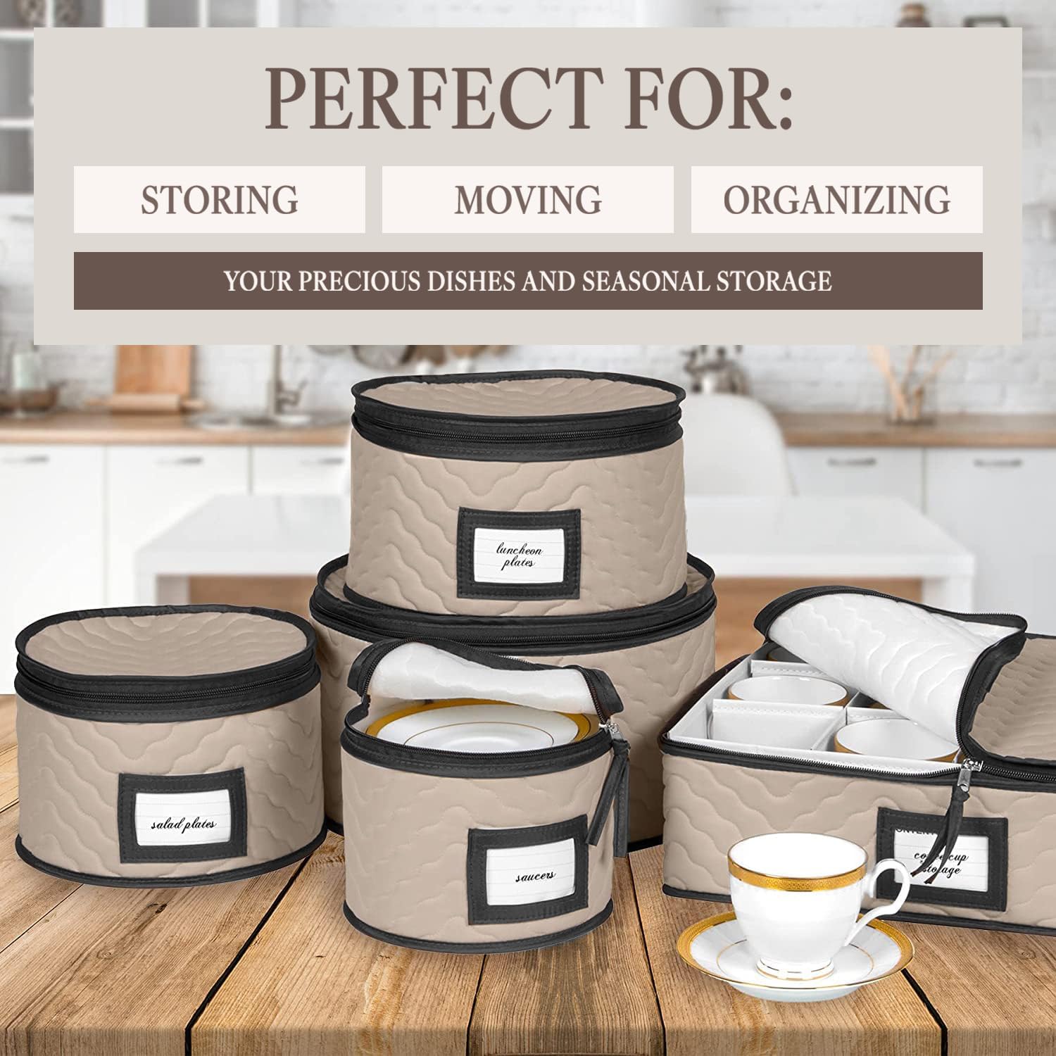 China Storage Containers 5-Piece Set Moving Boxes for Dinnerware, Glasses, Plates, Mugs and Saucers Sturdy Quilted Microfiber Dish Organizer with Dividers for Seasonal Storage - Holds Set of 12, Brown