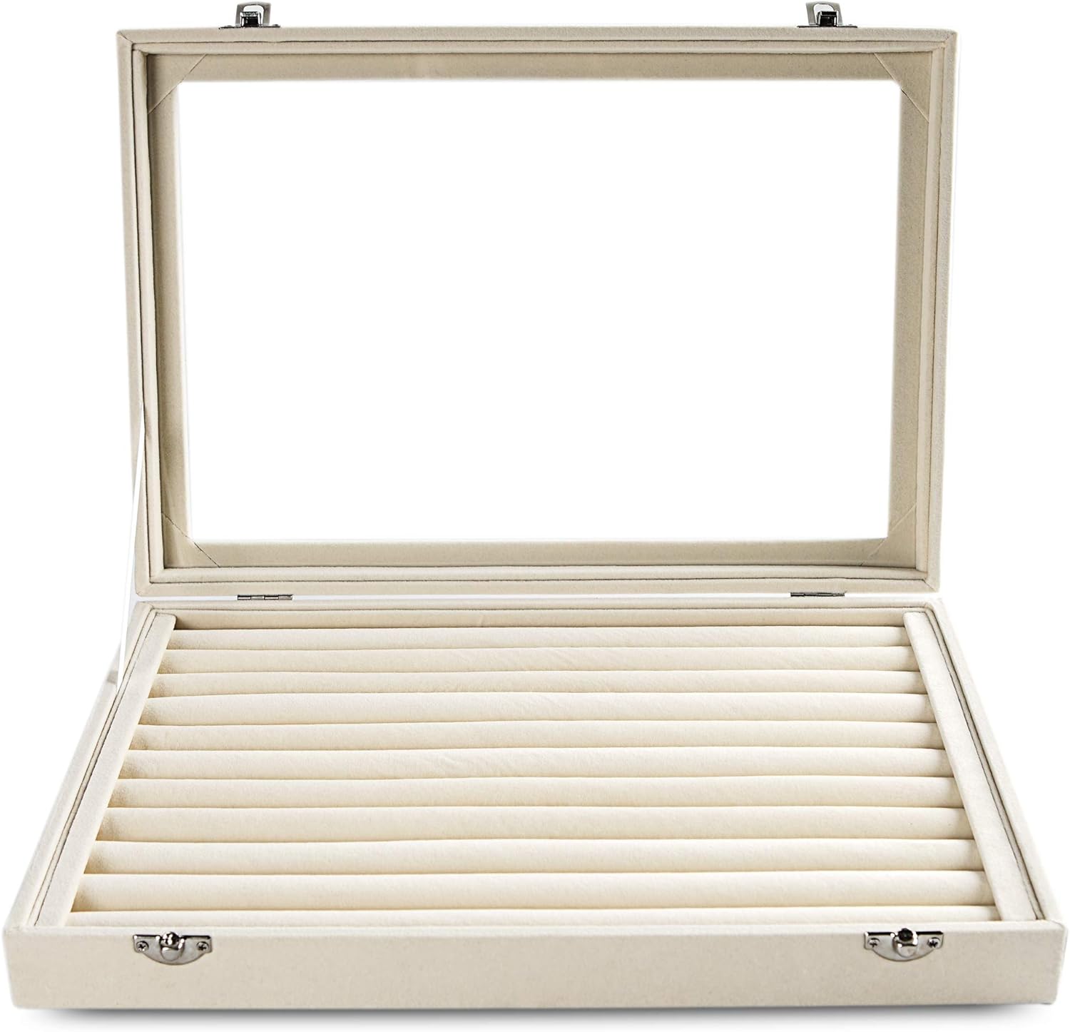 Frebeauty Rings/Earrings Organizer Tray with Clear Lid 10 Slots Velvet Drawer Insert Jewelry Storage box with Glass lid Jewelry Display Case Showcase Gift for Girls Women (Beige, 10 Slots)