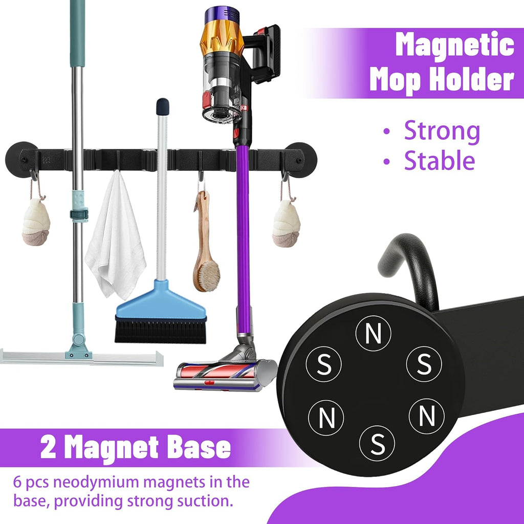 Magnetic Broom Holder Wall Mount - Heavy Duty Non-Slip Mop Hanger with 4 Hooks And 5 Rack, No Drill Tool Organizer for Refrigerator,Garage,Laundry Room (Black, 3Racks 4Hooks)