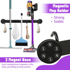 Magnetic Broom Holder Wall Mount - Heavy Duty Non-Slip Mop Hanger with 4 Hooks And 5 Rack, No Drill Tool Organizer for Refrigerator,Garage,Laundry Room (Black, 3Racks 4Hooks)
