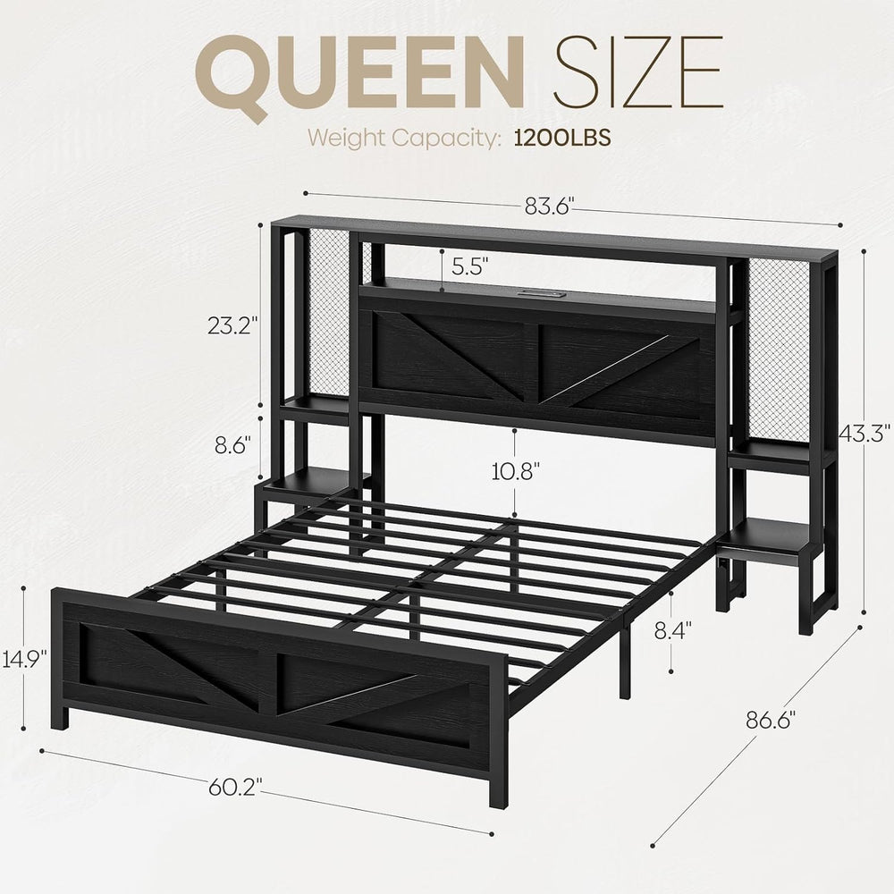 Queen Size Rustic Bed Frame with Storage Born Door Headboard and Bedside Stor...
