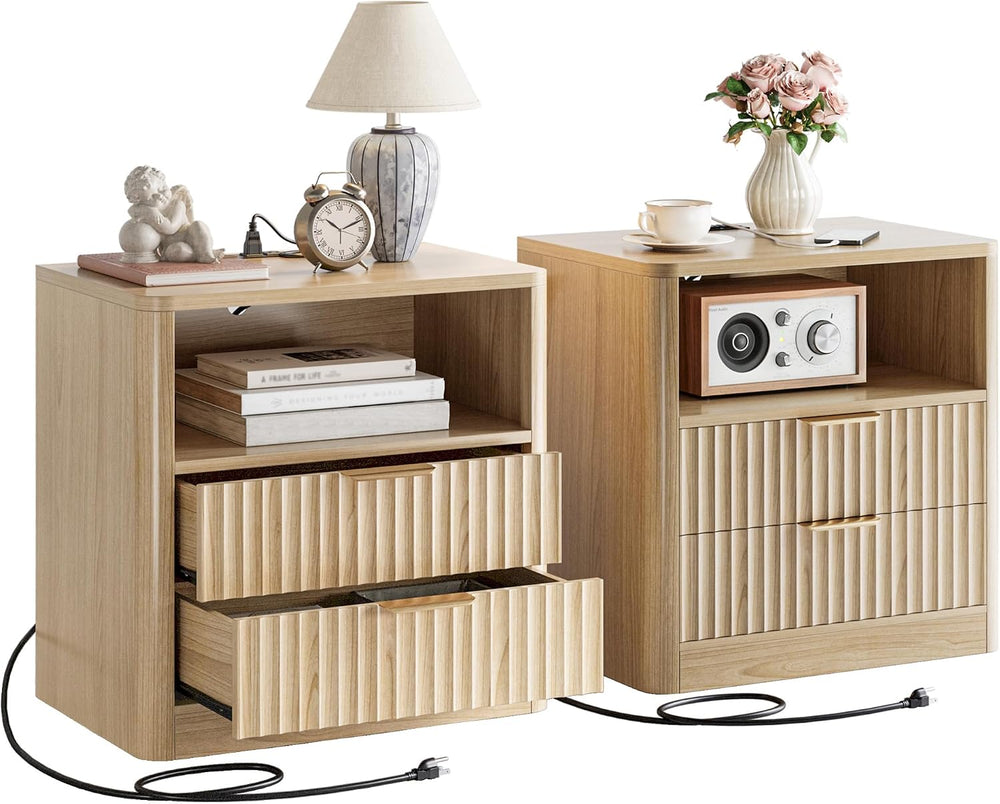 IRONCK Fluted Night Stand Set of 2, Oak