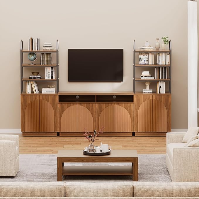 Yechen 110" Modular Entertainment Center with Bookshelves for up to 55", Mid Century Modern TV Stand with Storage, TV Cabinet with Open Shelves and Adjustable Shelves, Living Room, Walnut Oak (3 PCS)
