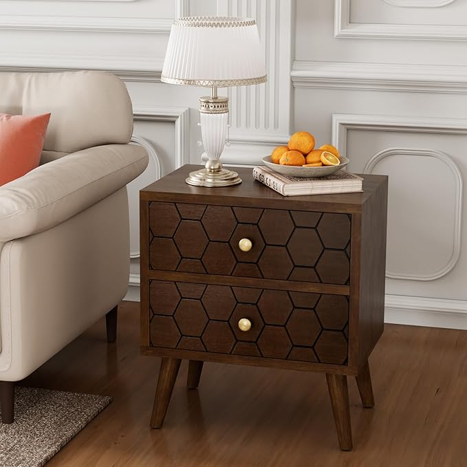 COSIEST Modern End Table w Honeycomb Pattern, Mid-Century Nightstand w Storag...