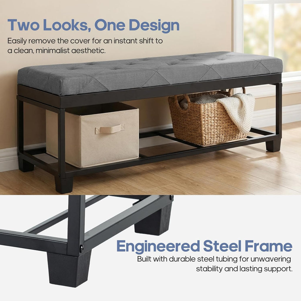 DUMOS Storage Ottoman Bench, 43.3 Inch End of Bed Bench for Living Room | 27 Gallon Steel Frame Linen-Look Fabric Chest, Removable Cover, 250lb Capacity, Bedroom Entryway, Dark Grey
