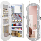 whitebeach Jewelry Armoire Organizer, LED Jewelry Cabinet Wall/Door Mounted | Lockable Wavy Mirror with Storage, Crushed Diamonds Mirror Full Length,Door or Wall Mounted Mirror with Jewelry Storage