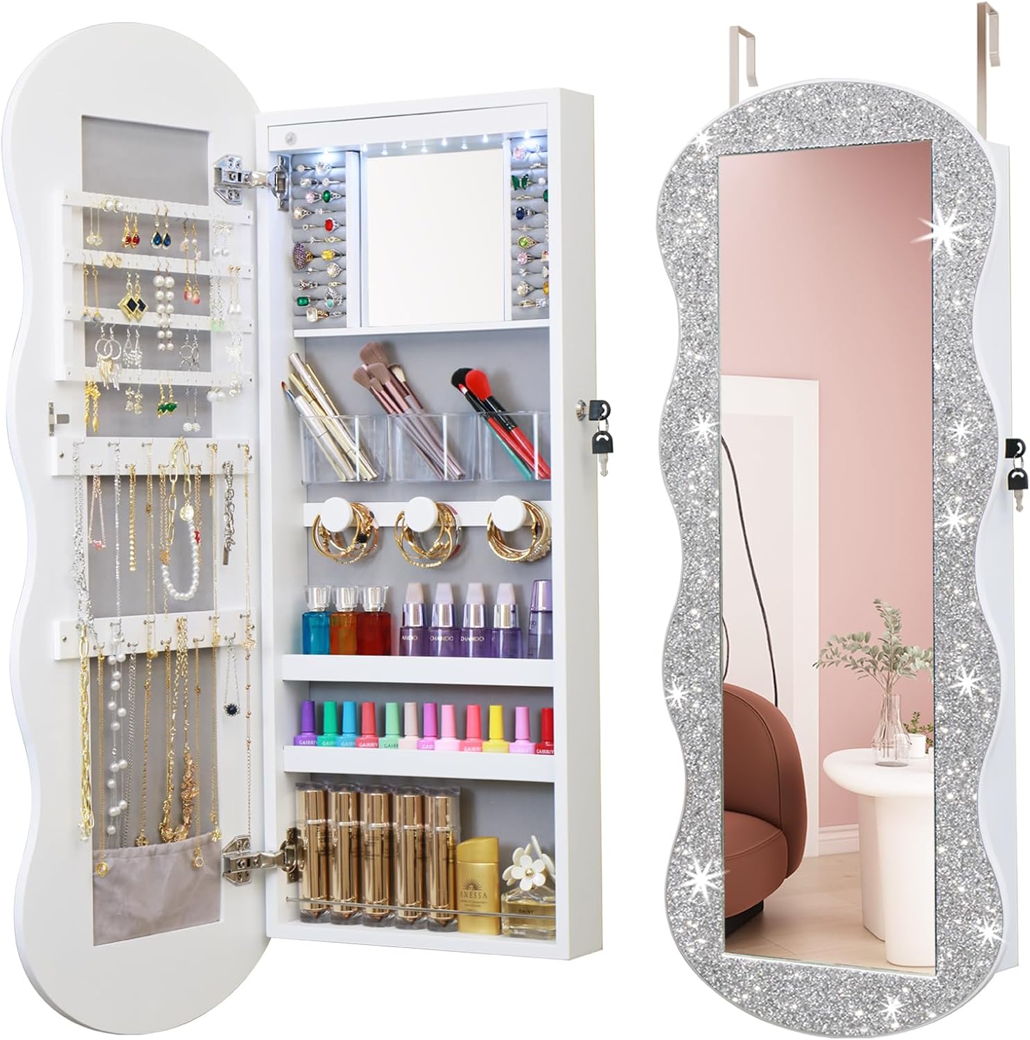 whitebeach Jewelry Armoire Organizer, LED Jewelry Cabinet Wall/Door Mounted | Lockable Wavy Mirror with Storage, Crushed Diamonds Mirror Full Length,Door or Wall Mounted Mirror with Jewelry Storage