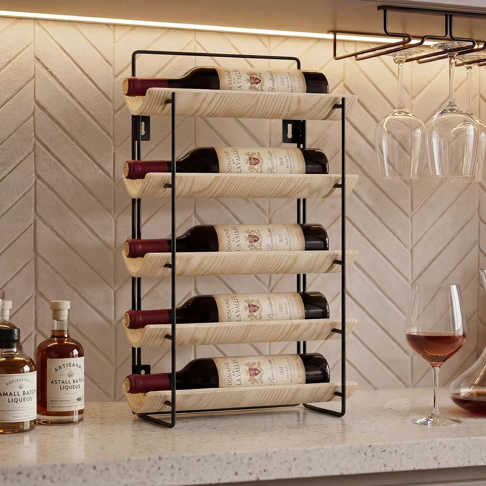 5-Tier Wood and Metal Wine Rack, Countertop & Wall Mounted Wine Holder wi...