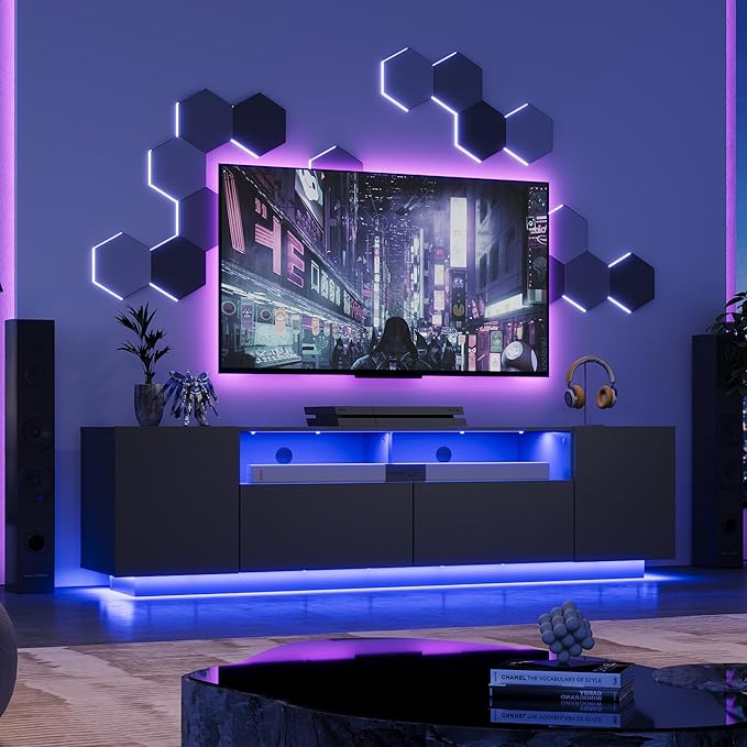WLIVE LED TV Stand with Large Storage Cabinet, Modern Entertainment Center for 55/60/65/70/75 Inch TVs, Sturdy TV Console for Living Room, Bedroom,Rec Room(Black)