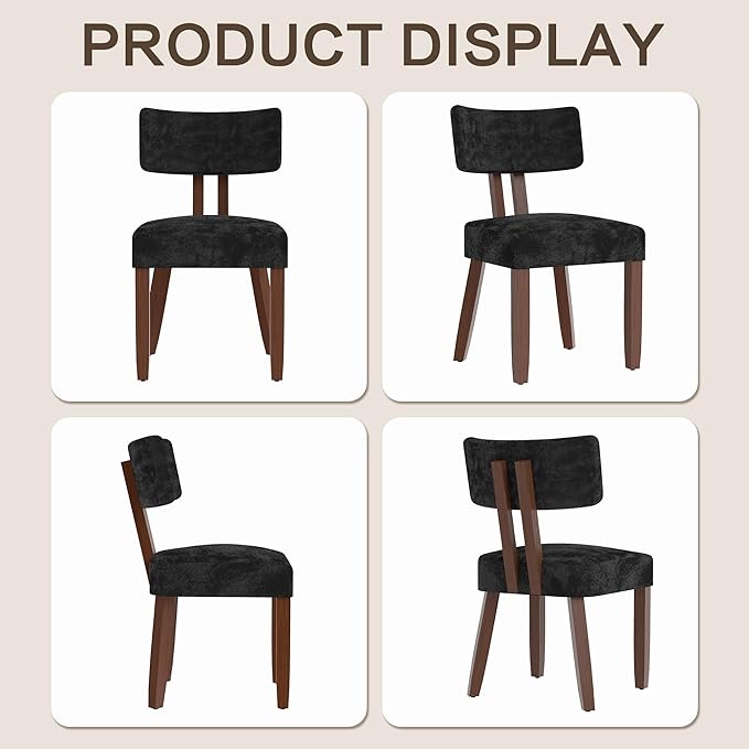 GOTMINSI Mid Century Modern Dining Chairs,Velvet Farmhouse Upholstered Kitchen Chairs, Accent Curved Backrest Dining Room Chairs with Hardwood Legs (Black, 4PCS-Walnut Legs)