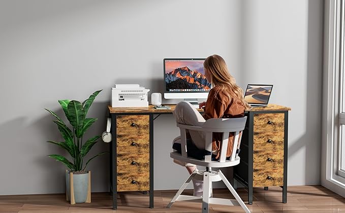 Home Office Desk with Drawers for Storage - 55 inch Computer Desk with 8 Fabric Drawer, Writing Study Work Desks with Drawers on Both Sides for Bedroom