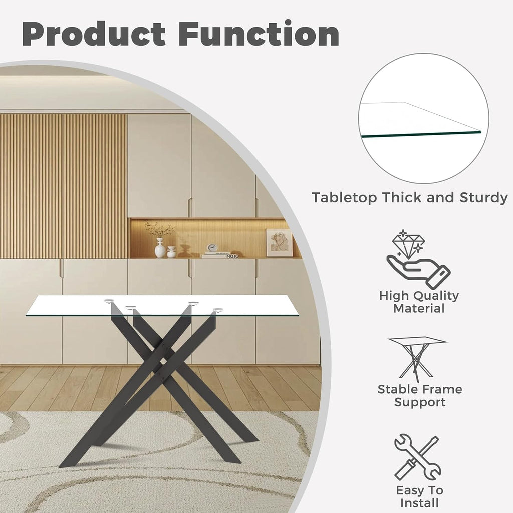 51.18" W Glass Dining Table Set for 4, Modern Rectangular Glass Kitchen Table with Black Metal Legs, 4 PU Leather Chairs with Black Legs, for Dining Room, Home -White