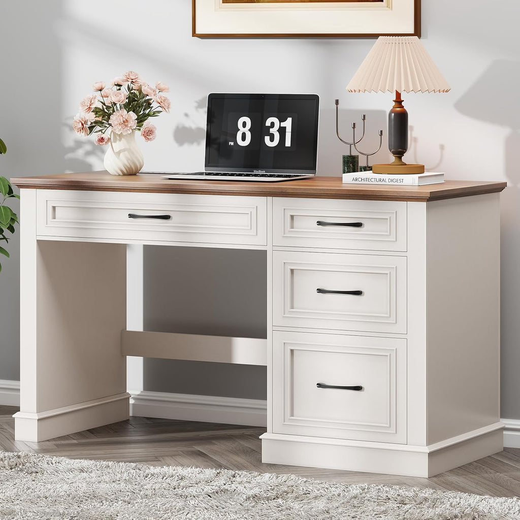 Halitaa Farmhouse 47" Executive Desk, Computer Desk with Drawers and File Drawer, Workstation Computer Desk with Charging Station for Home Office,Study.Unique White