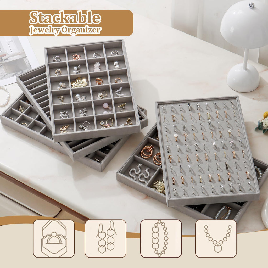 Large Jewelry Organizer for Drawer Insert Velvet Stackable Jewelry Trays for Earring Necklace Bracelet Ring Display (Gray, 24 Grids)