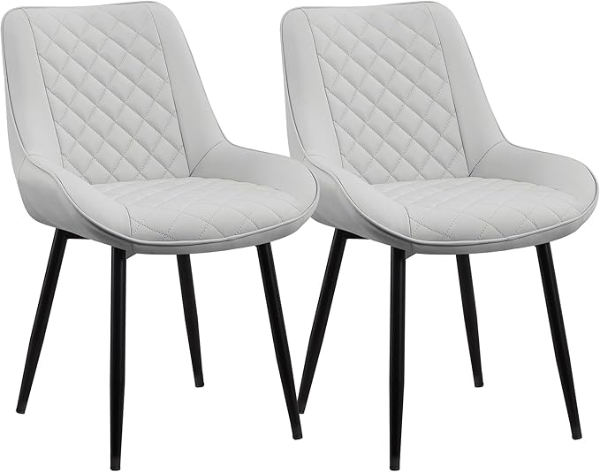 Dining Chair Set of 2, Modern Dining Chairs with Thick Cushions, Faux Leather Upholstered Kitchen Dining Room Chairs with Metal Adjustable Legs for Dining Living Room, Light Grey
