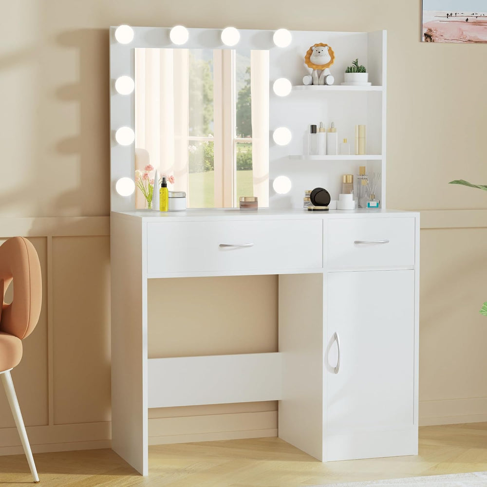 LIVELYGLOW 35.4" White Makeup Vanity Desk with 10 Hollywood Light Bulbs ...